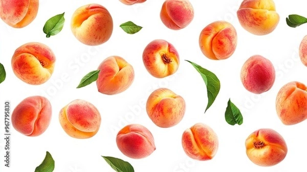 Fototapeta Peaches falling from above, juicy and ripe, isolated on a white background, summer fruit