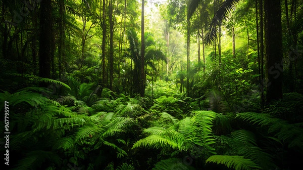Fototapeta A dense section of the Amazon rainforest with towering trees and a variety of ferns and mosses covering the forest floor 