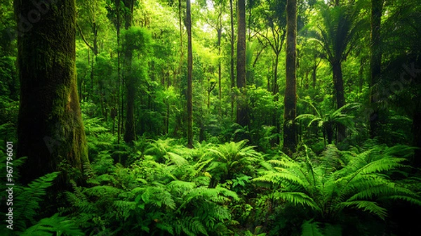 Fototapeta A dense section of the Amazon rainforest with towering trees and a variety of ferns and mosses covering the forest floor 