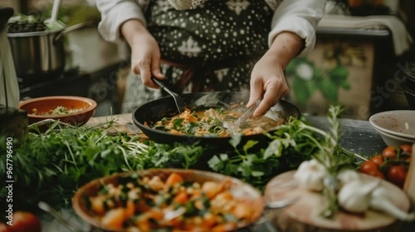 Fototapeta A chef stirs a pan of food, surrounded by fresh herbs and vegetables.  The rustic setting evokes a sense of home cooking and wholesome ingredients.