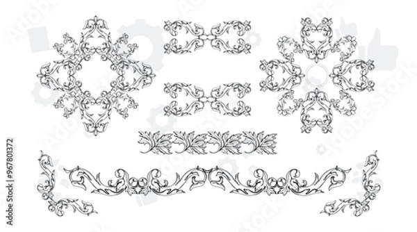 Fototapeta Set of wreath, flowers, leaf branches in hand drawn pattern. Foliage line art design for wedding, card, invitation, greeting, logo.