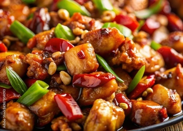 Fototapeta Extreme close-up of a single piece of Kung Pao Chicken, with the crispy exterior and juicy interior highlighted, and a shallow depth of field to blur the surrounding sauce and garnishes.