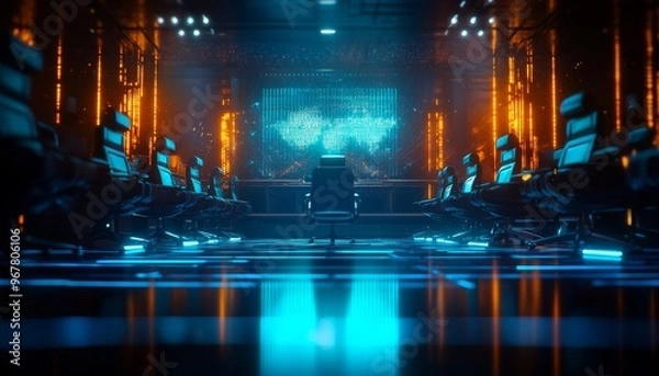 Fototapeta Futuristic courtroom scene where AI algorithms ensure legislative parity and impartiality, hightech design