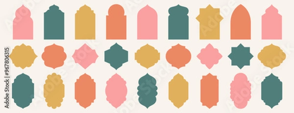 Fototapeta Old mosque windows shape in oriental style. Islamic door set, flat arabic frames or arabian arches silhouette. Muslim architecture geometric design elements, moroccan minimal arcs. Ramadan kareem gate