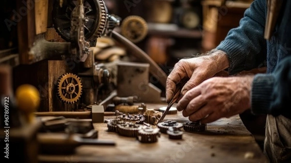 Fototapeta A craftsman meticulously works on intricate mechanical components in a workshop.