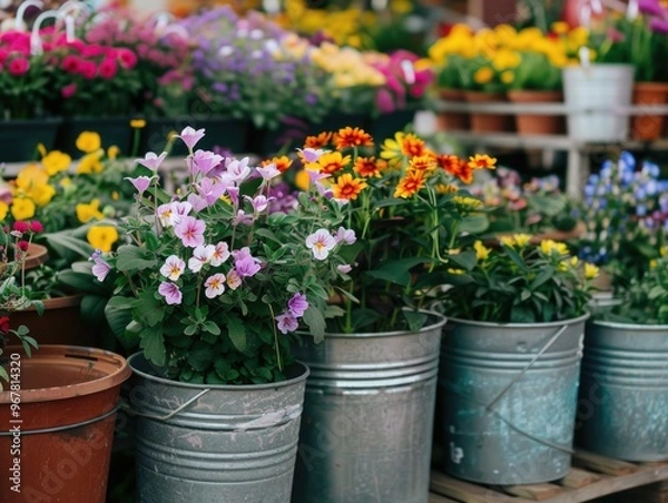 Fototapeta Variety of flowers and plants in buckets at a store, suitable for patios or gardens.