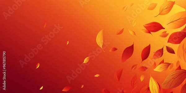 Fototapeta A minimalistic autumn design with scattered golden leaves on a smooth gradient background transitioning from burnt orange to deep red, creating a warm seasonal atmosphere.