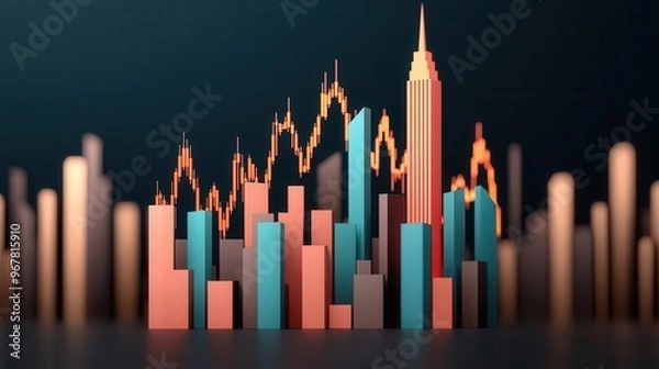 Fototapeta A futuristic city skyline with glowing stock market graphs rising and falling in the background, symbolizing economic fluctuation, 3D rendering, Neon, Blue tones