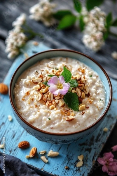 Fototapeta A wholesome breakfast or dessert option with oat granola topping, served in a blue bowl. Includes nuts and yogurt on wooden surface with floral accents.
