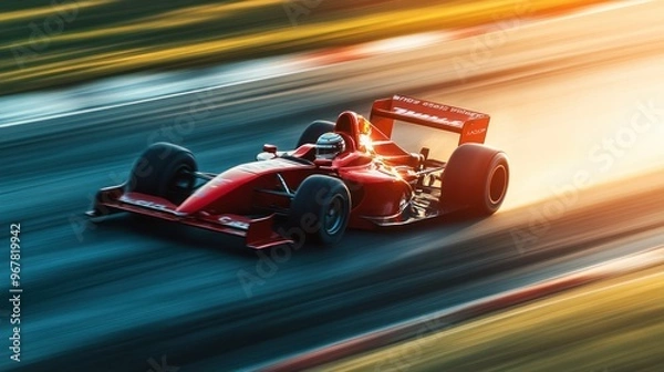 Fototapeta A red racing car speeds on a track, capturing motion and excitement in a dynamic scene.