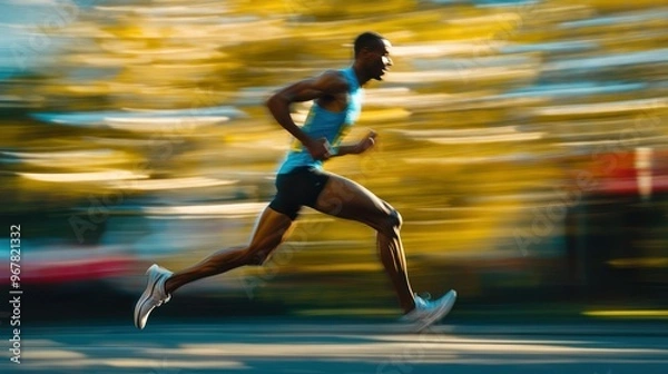 Fototapeta A runner in motion, captured with a blurred background to emphasize speed and athleticism.