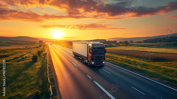 Fototapeta A truck for transporting passenger cars on the highway Loaded European truck on motorway in sunset Highway used by trucks and cars at sunset, with movement blur, Generative AI