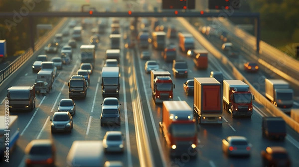 Fototapeta Lots of Trucks and cars on a Highway transportation Trucks on Highway and Wind Turbines photo of truck on highway road and factory in background, Generative AI