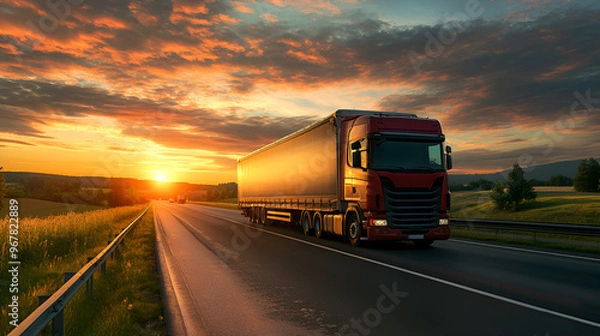 Fototapeta A truck for transporting passenger cars on the highway Loaded European truck on motorway in sunset Highway used by trucks and cars at sunset, with movement blur, Generative AI