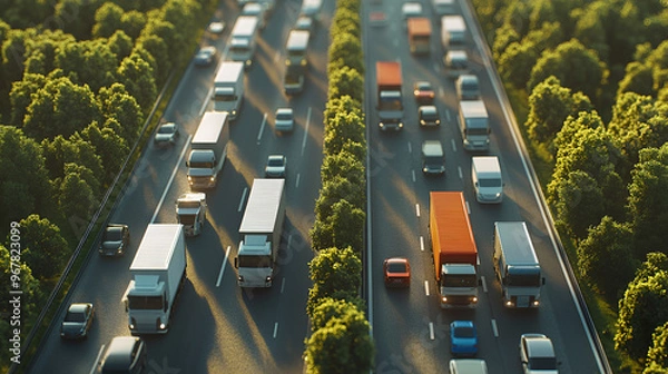 Fototapeta Lots of Trucks and cars on a Highway transportation Trucks on Highway and Wind Turbines photo of truck on highway road and factory in background, Generative AI