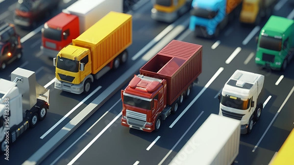 Fototapeta Lots of Trucks and cars on a Highway transportation Trucks on Highway and Wind Turbines photo of truck on highway road and factory in background, Generative AI