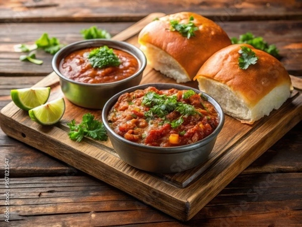 Fototapeta * A beautifully garnished serving of Pav Bhaji, with a sprinkle of fresh cilantro and a side of tangy tamarind chutney, set against a warm wooden background.