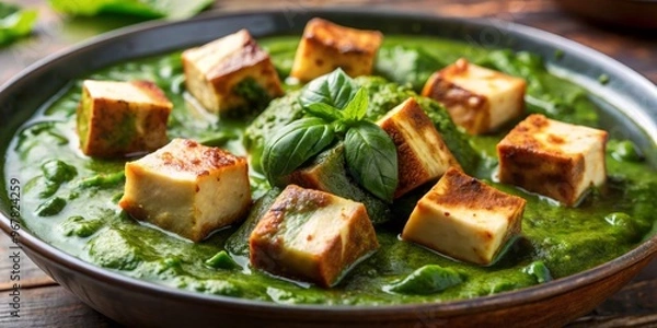 Fototapeta * A close-up of creamy saag paneer filling, with tender paneer cheese cubes coated in a velvety spinach sauce, garnished with a sprinkle of garam masala.