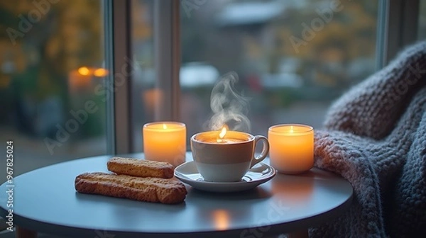 Fototapeta A cozy evening coffee shop with a table lit by candles, a steaming cup of coffee and a biscotti placed on the table, wool blanket on a chair, warm flickering light casting soft shadows,