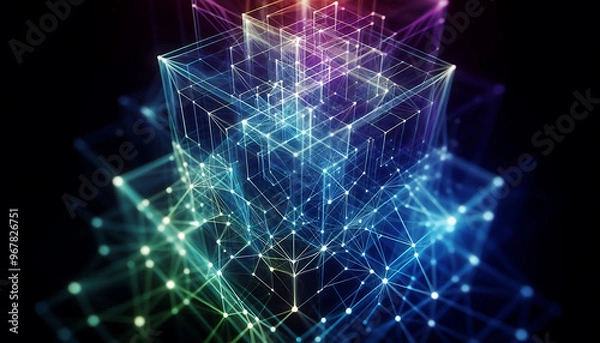 Obraz Abstract geometric design featuring a network of illuminated translucent lines forming interconnected shapes. The vibrant hues of blue purple and green create a dynamic glow against a dark background