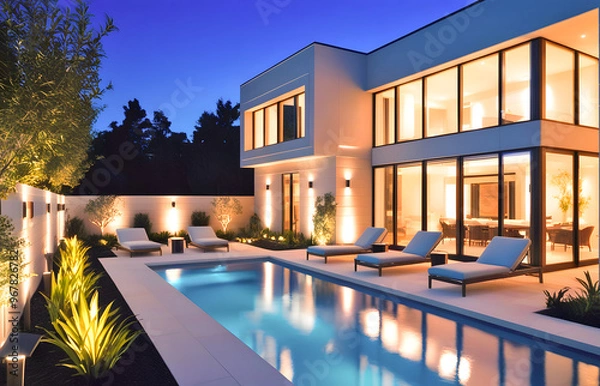 Fototapeta Evening View of Modern Home with Pool | Contemporary Architecture, Ambient Lighting, Glass Windows, Outdoor Lounge, Fire Pit, Lush Landscape, Illuminated Pathways, and Elegant Poolside Design