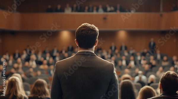 Fototapeta Man giving speech in presentation room Mature businessman doing a presentation at meeting office Intelligent business person showing graph on seminar, Generative AI