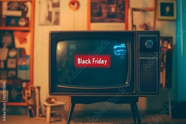 Fototapeta A retro-inspired poster with a vintage TV screen displaying a countdown to Black Friday