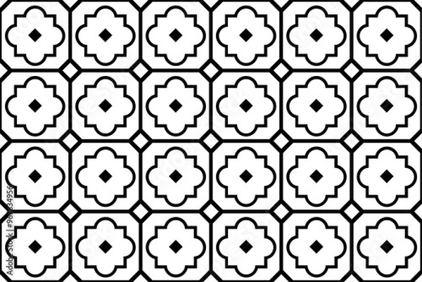 Fototapeta A seamless black and white geometric pattern inspired by traditional Moroccan tiles. Featuring floral-like shapes within octagonal frames, this pattern is perfect for use in textiles, wallpapers
