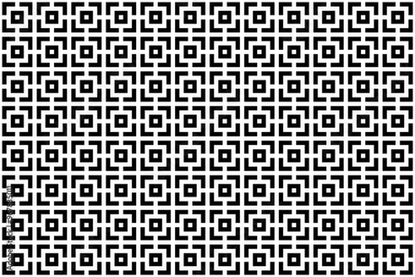Fototapeta A striking symmetrical geometric pattern in black and white, featuring interconnected square shapes forming a repetitive and uniform grid. This design is ideal for architectural motifs, modern graphic