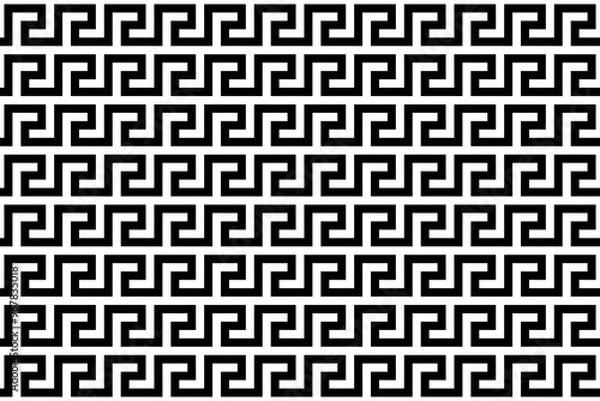Fototapeta A classic black-and-white geometric pattern featuring a continuous, repeating Greek key or meander design The pattern consists of interconnected right-angled lines forming a series of repeating square