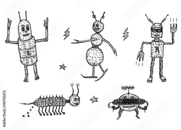 Fototapeta Hand drawn set of robots