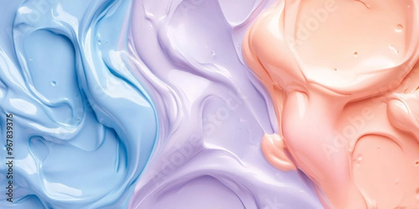 Fototapeta Liquid paints in soft pastel hues of baby blue, peach, and lavender, blending gently with a matte, smooth texture for a light, dreamy effect.