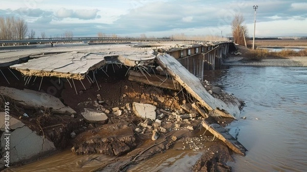 Obraz Infrastructure collapse, showing a broken bridge over a river, aftermath of an earthquake powerful tremors