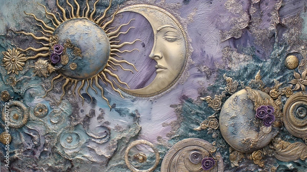 Fototapeta A sun and moon, each with its own unique face and expression, set against an intricate background of lace patterns and delicate script in shades of blue, purple and gold.