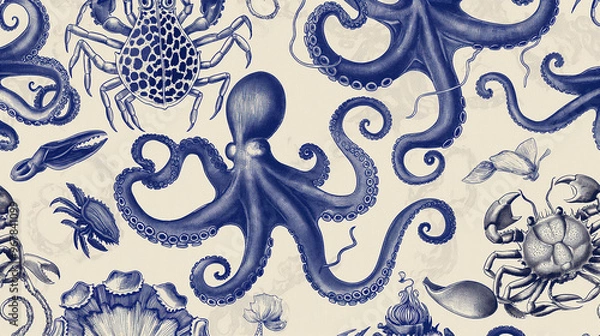 Fototapeta A seamless pattern of vintage sea creatures, including octopuses and crabs, with intricate details in blue tones on a beige background