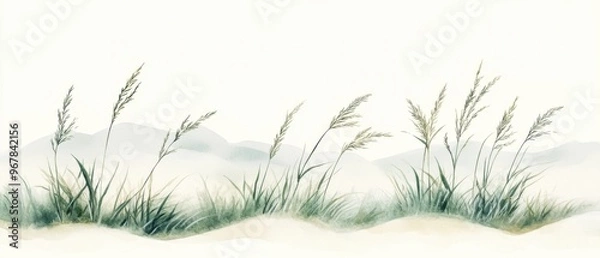 Fototapeta A serene illustration of graceful grass swaying in a gentle breeze, set against a soft, dreamy background.