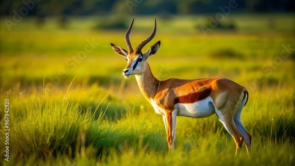 Fototapeta Majestic springbuck gazes intently into the distance, its brown and white coat glistening in the warm sunlight amidst