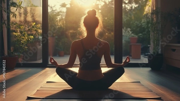 Fototapeta Serene morning meditation in a sunlit room surrounded by plants, capturing tranquility and mindfulness