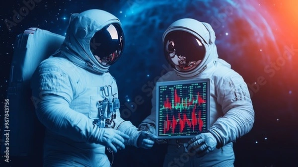 Fototapeta A striking low-angle perspective of astronauts examining a digital screen showing cascading stock market trends