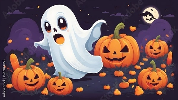 Fototapeta Halloween, cartoon style, friendly ghost, pumpkin patch, candy corn, bright colors perfect for Halloween