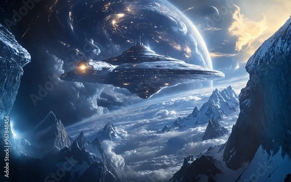 Fototapeta Astronave tra i cieli delle montagne con nuvole volumetriche e panorama ampio