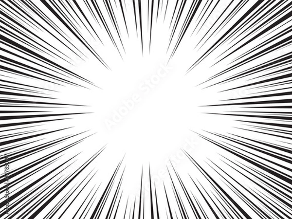 Fototapeta Manga comic explosion, motion or movement effect, vector background. Manga anime cartoon radial speed lines and abstract pattern for comic book burst, flash ray or explode bang action