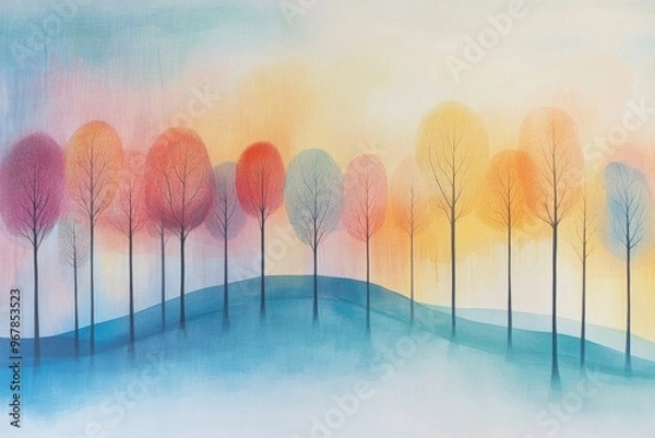 Fototapeta A watercolor painting of abstract trees on rolling hills with a colorful sky, symbolizing harmony and creativity in nature.