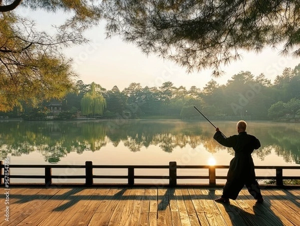 Fototapeta Senior man practicing japanese martial arts with bo staff in nature