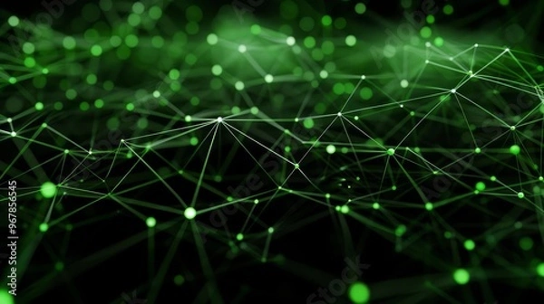 Fototapeta Abstract green digital network with glowing dots and lines on black background.