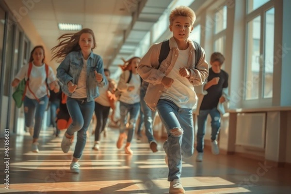Fototapeta School kids running in elementary school hallway. shooting. danger and shooting at school. students run and save themselves