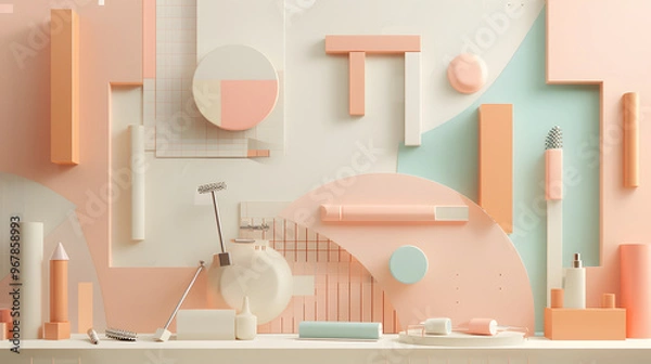 Fototapeta Abstract pastel geometric shapes and objects composition.