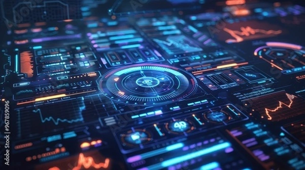 Fototapeta Abstract futuristic digital interface with glowing blue and orange elements.