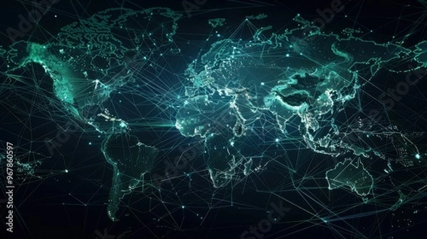 Fototapeta Abstract glowing green world map with connected lines on a dark background.