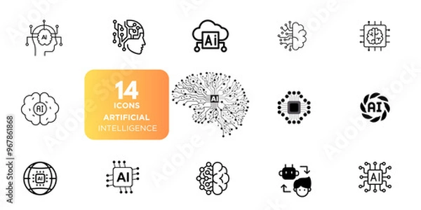 Fototapeta The Generation AI icon is designed to generate text, images, respond to prompts, learn patterns, structure, and input training data. It is a set of artificial intelligence line icons including technol